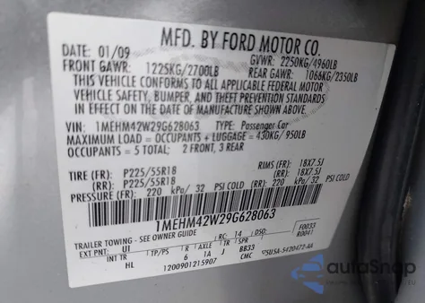 2009 Mercury Sable Premier z USA, uszkodzony, nr VIN 1MEHM42W29G628063